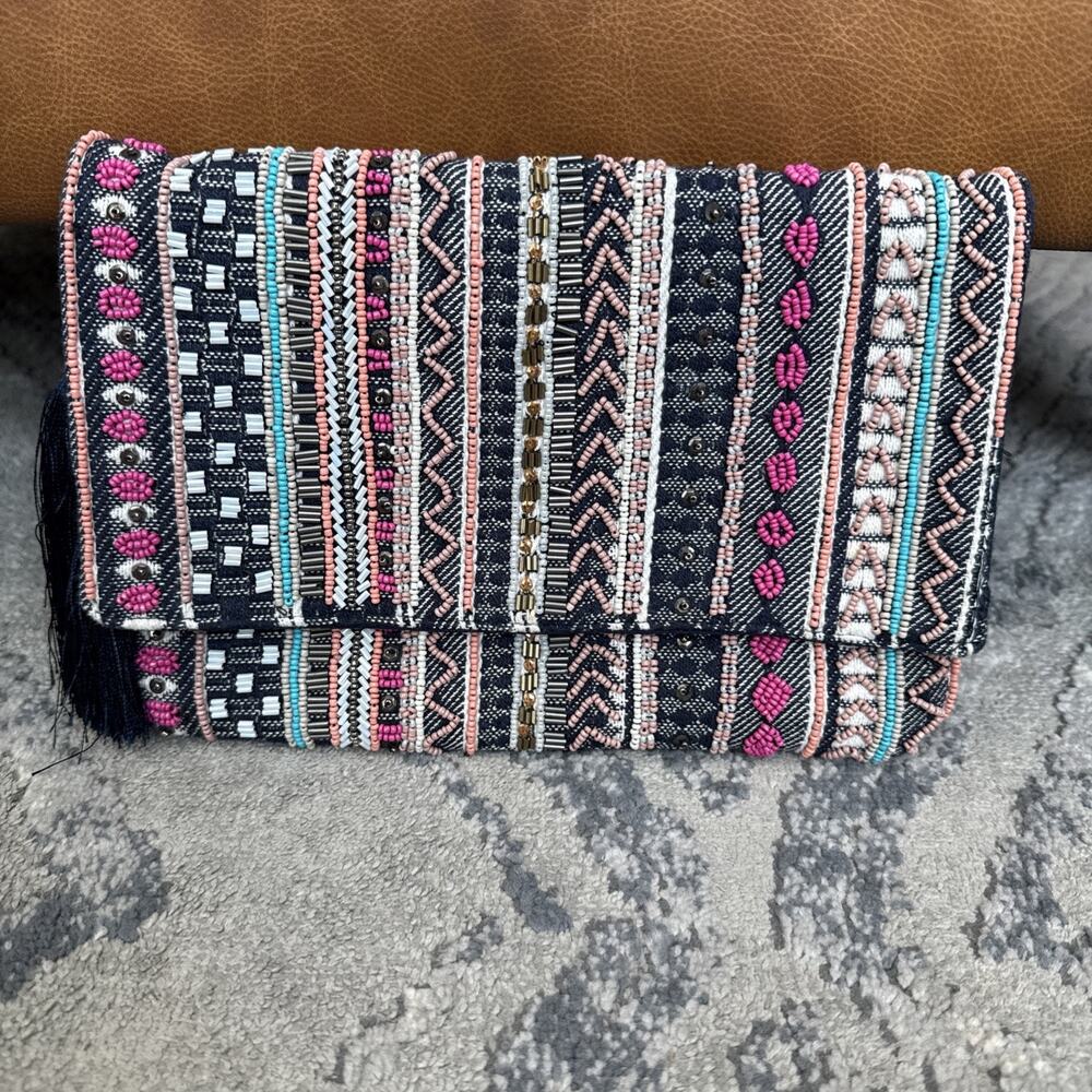 La Sera by Franchi Color Pop Beaded Tapestry Crossbody Clutch Purse